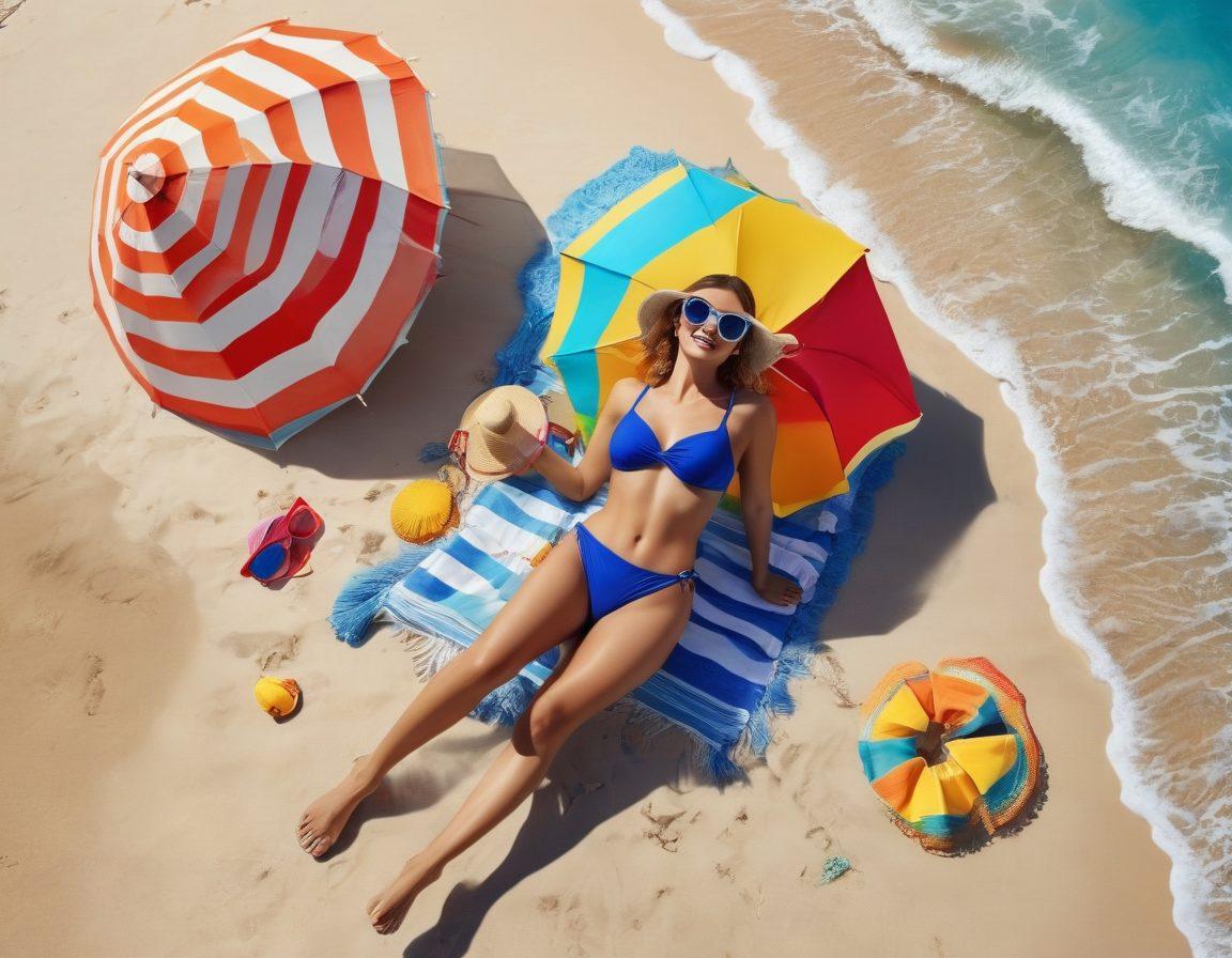 A stylish woman relaxing on a sunny beach, showcasing a variety of chic beach outfits and trendy swimwear. The scene features vibrant beach umbrellas and crystal blue waves in the background, with colorful beach accessories scattered around, like sunglasses and hats. The atmosphere radiates a carefree summer vibe, highlighting fashion and fun. super-realistic. vibrant colors. sunny backdrop.